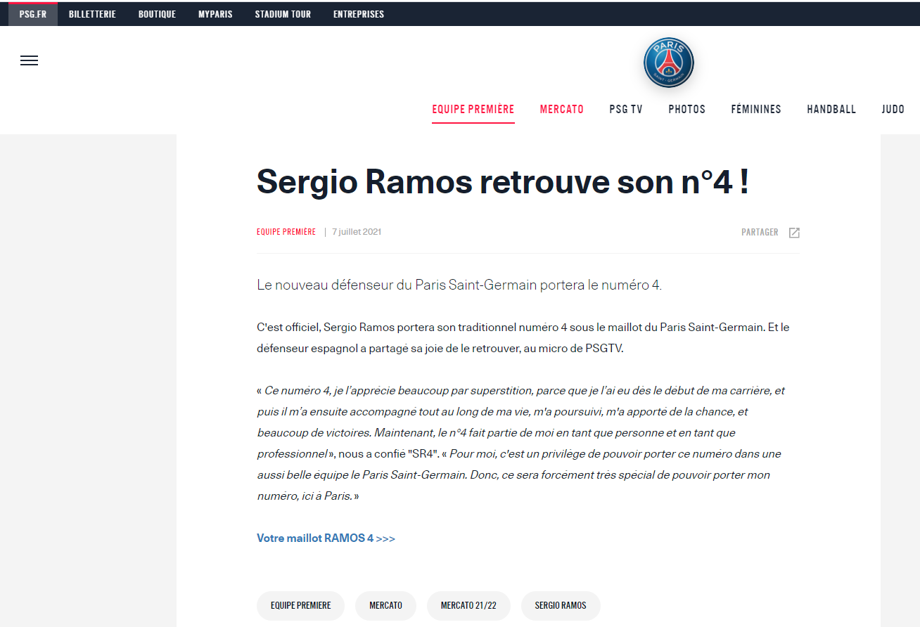 Le site officiel du PSG annonce par erreur l'arrivée de Sergio Ramos
