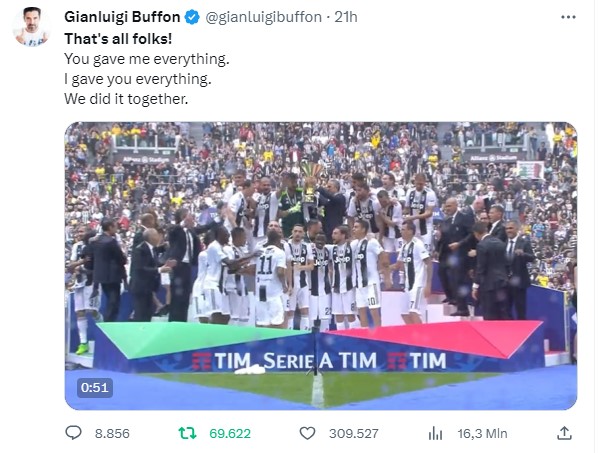 Gianluigi Buffon, post social d'addio, DAZN News Italia