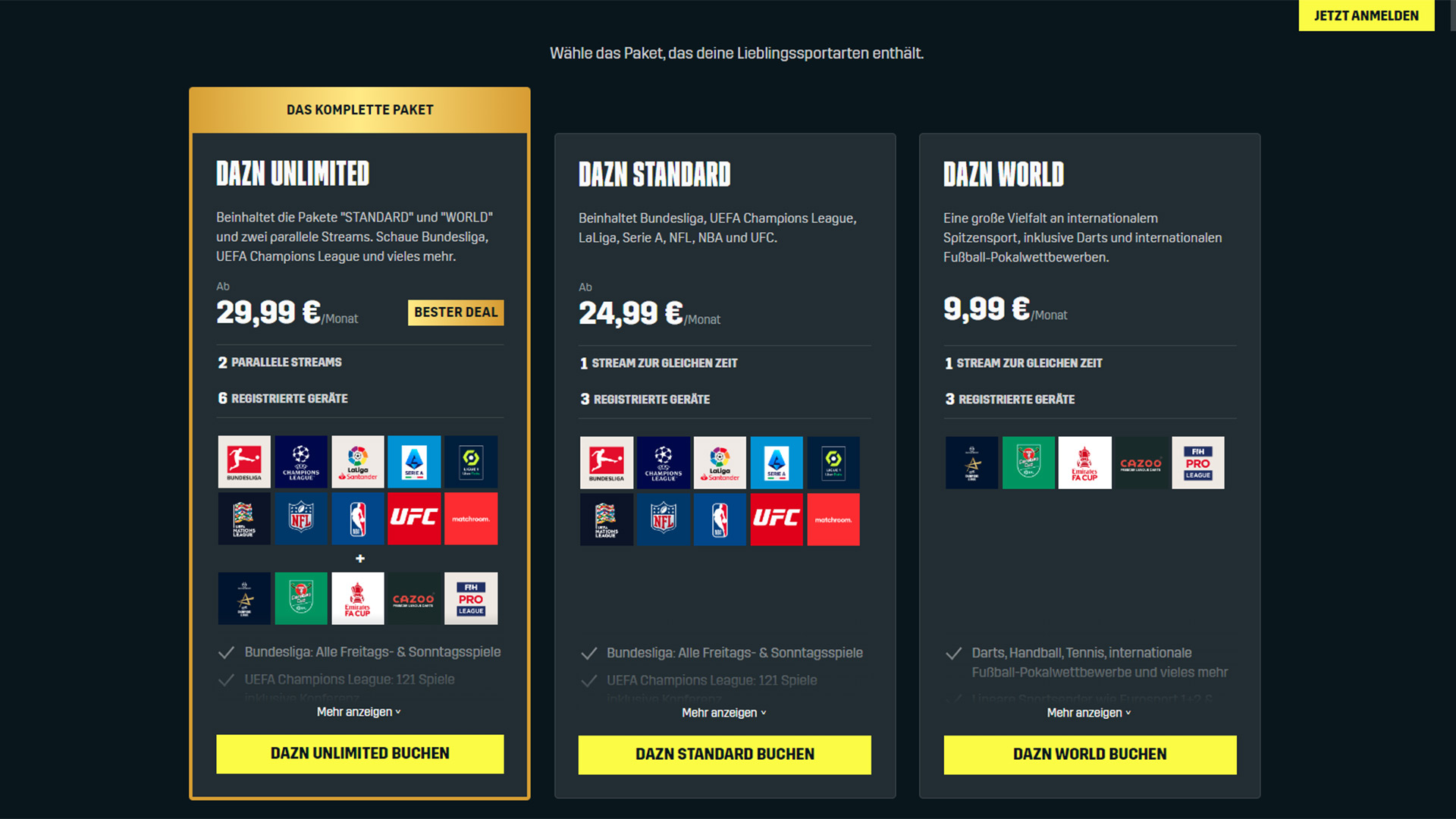 DAZN Kosten Pakete Unlimited Standard World