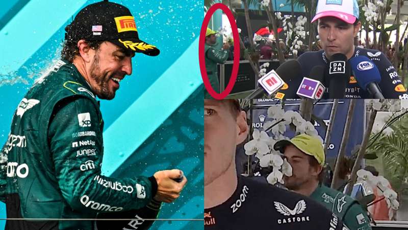 Fernando Alonso y su momentazo viral con las flores en Miami: ¡se puso a olerlas mientras entrevistaban a Verstappen y Checo Pérez!