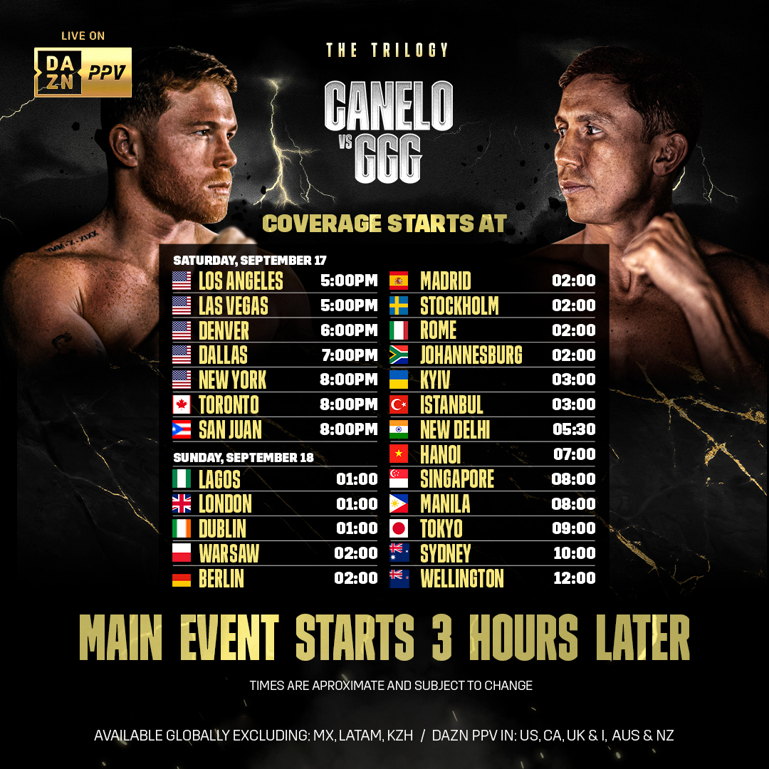 What time is Canelo Alvarez vs. Gennadiy Golovkin 3 tonight? List of