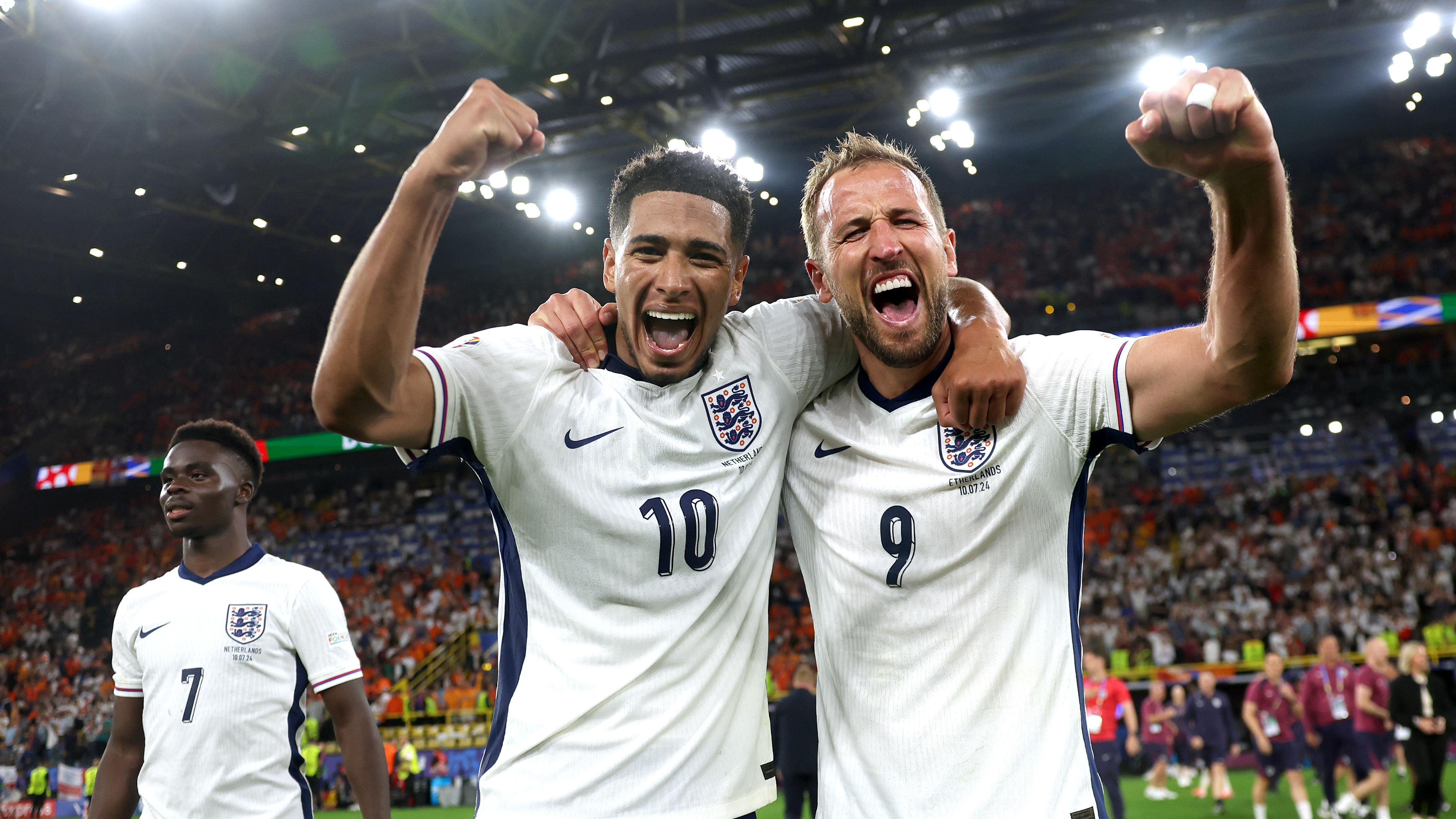 Harry Kane celebrates with Jude Bellingham after England's Euro 2024 semi-final victory over the Netherlands