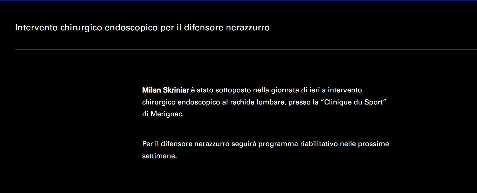 Il comunicato dell'Inter sulle condizioni di Skriniar