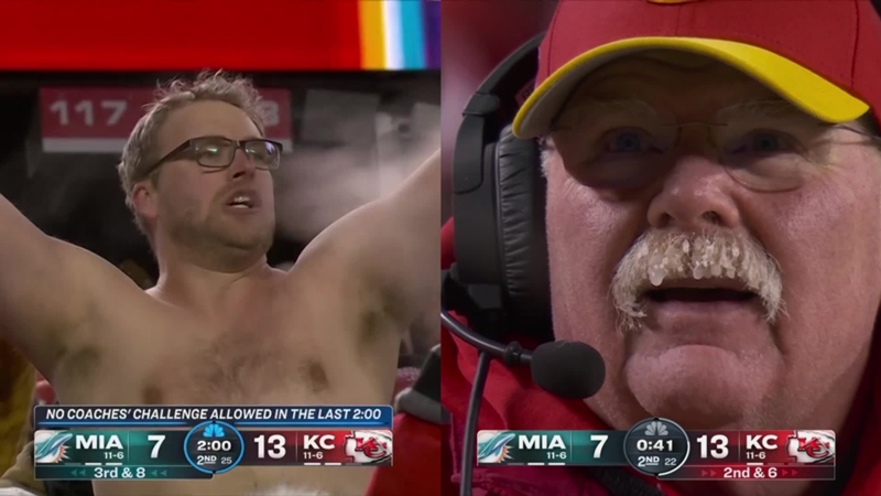 Kansas City Chiefs vs Miami Dolphins y las imágenes más curiosas de uno de los partidos más fríos de la historia de la NFL: un bigote congelado a -20 grados, aficionados sin camiseta...