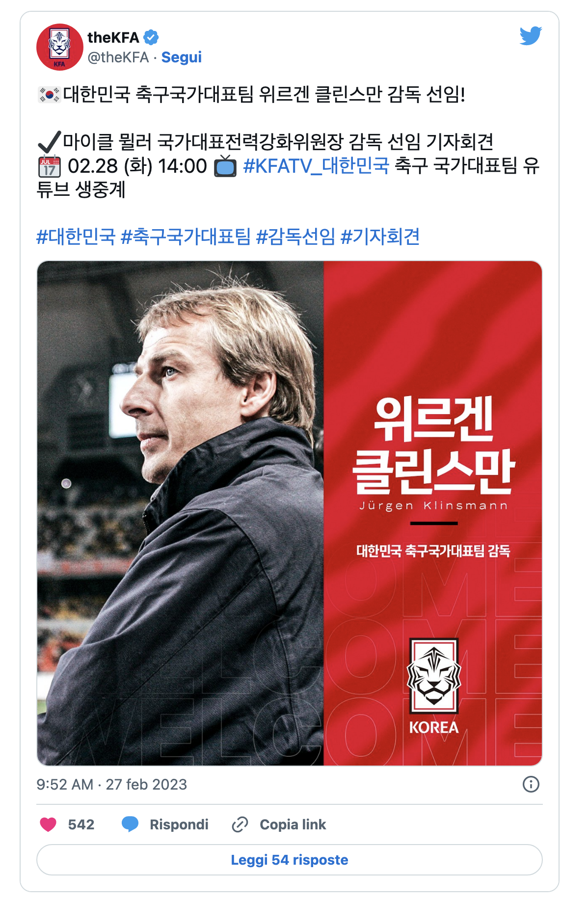 Tweet Corea del Sud annuncio Klinsmann CT