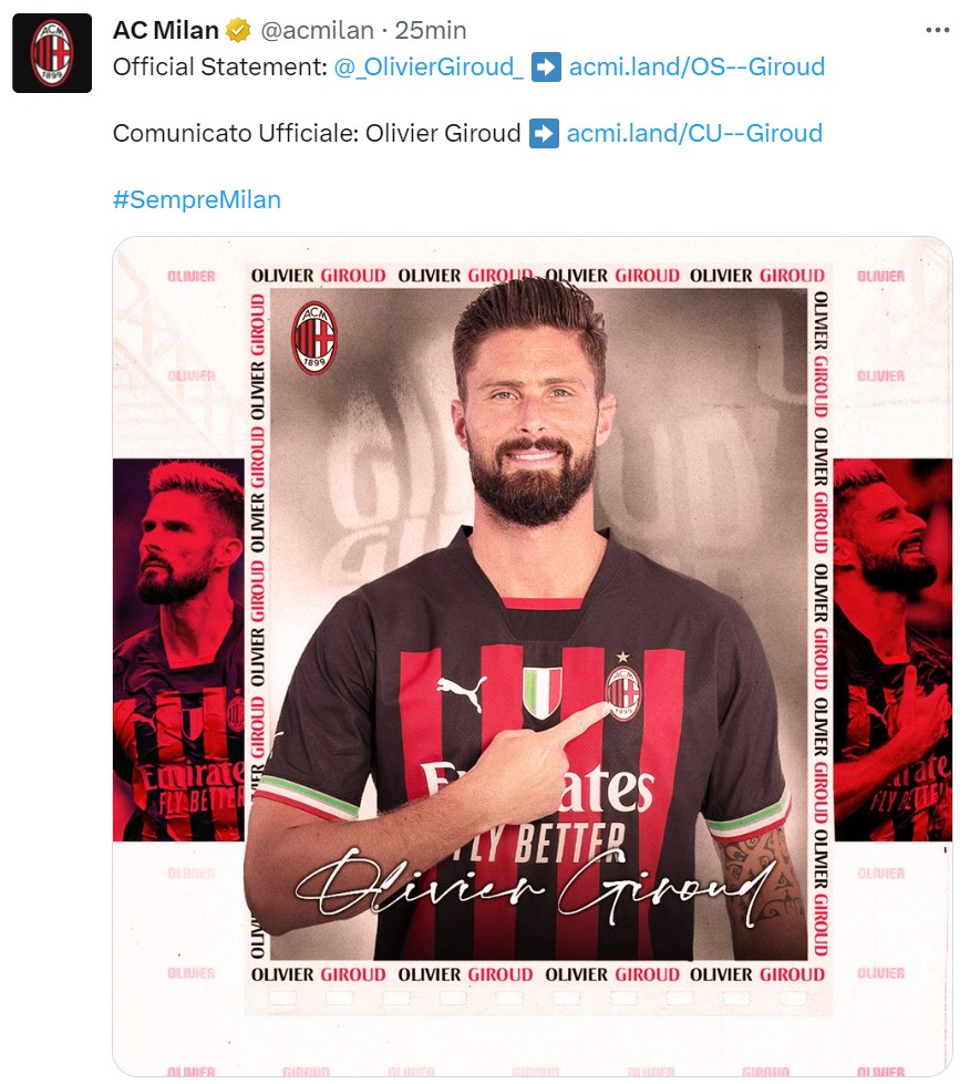 Giroud-Milan, l'annuncio del club