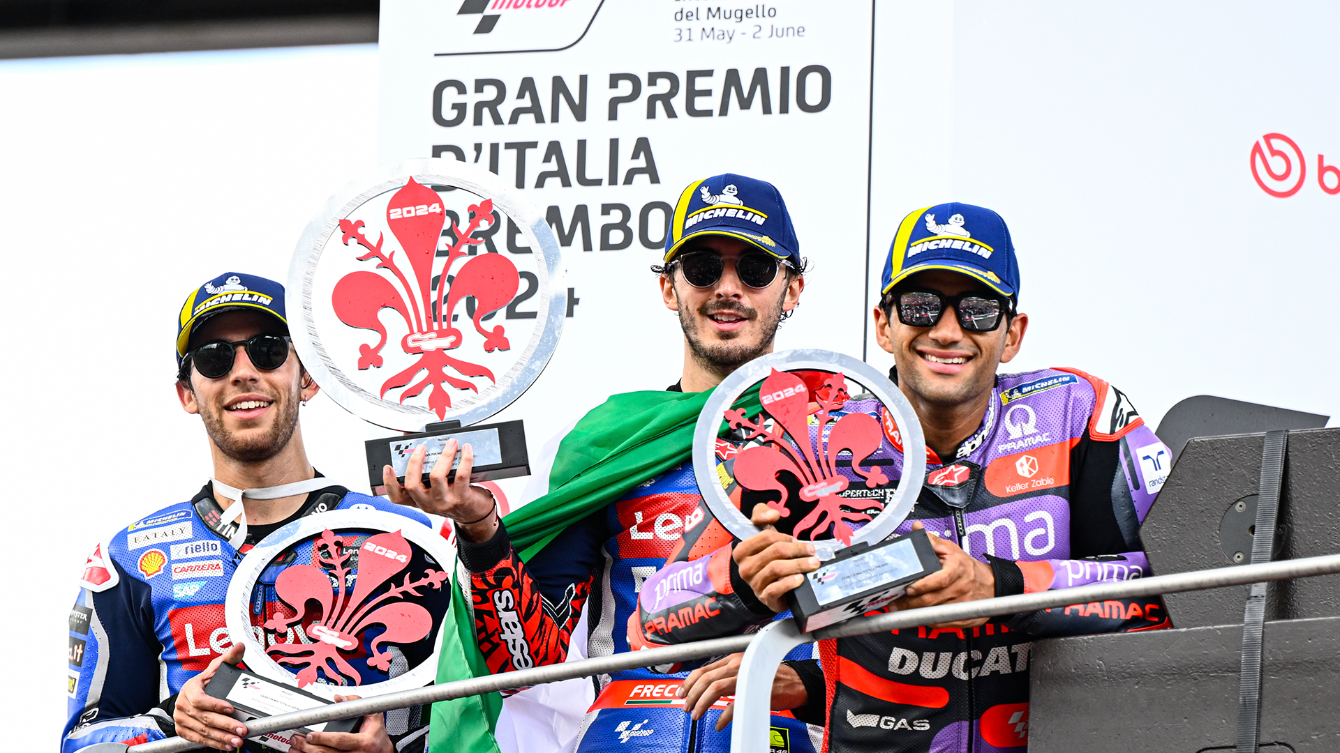 Podio Enea Bastianini Pecco Bagnaia Jorge Martin