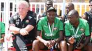 Harambee Stars technical bench Paul Put and Stanley Okumbi.