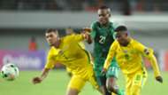Grant Margeman and Sibongakonke Mbatha of South Africa U20 challenged by Boyd Musonda of Zambia U20