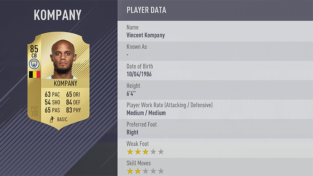 FIFA 18 rating Vincent Kompany
