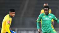 Siphelele Ntshangase of Baroka FC challenged by George Lebese of Mamelodi Sundowns