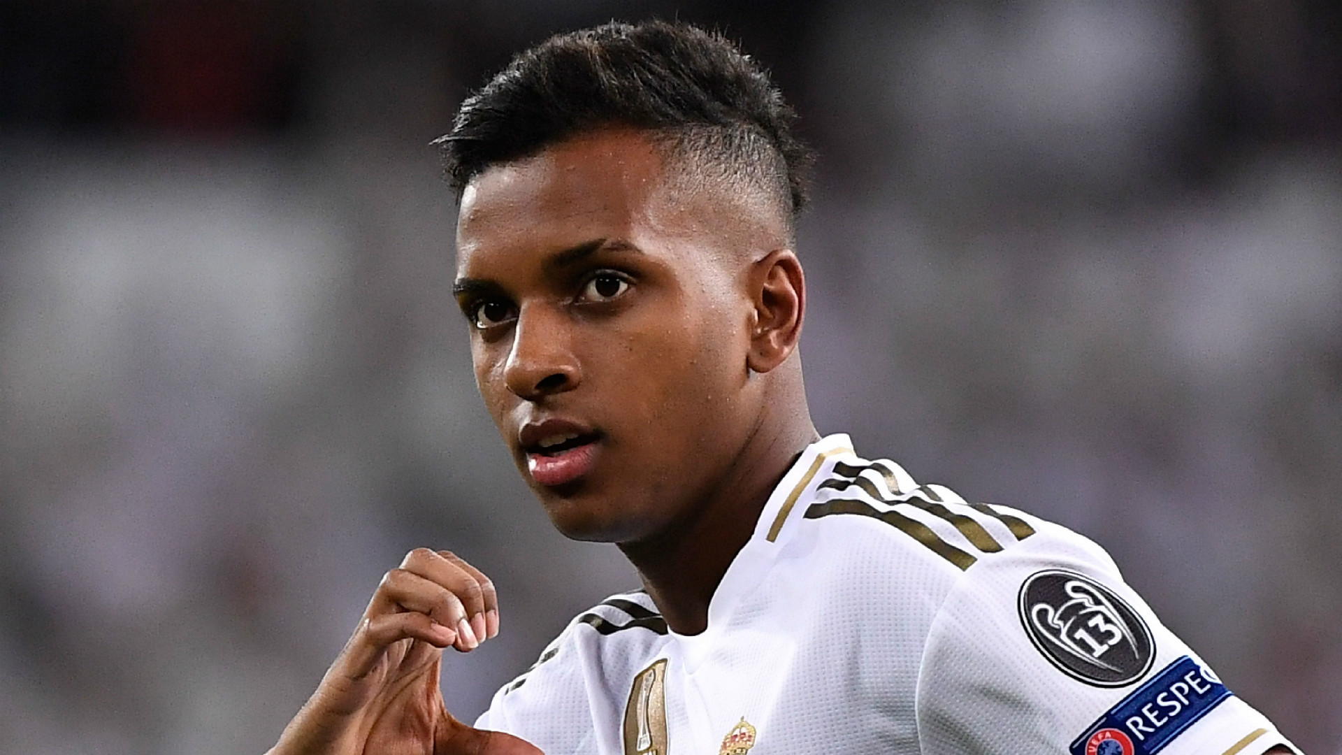  Rodrygo celebrates after scoring a goal during a soccer match between Real Madrid and Galatasaray.