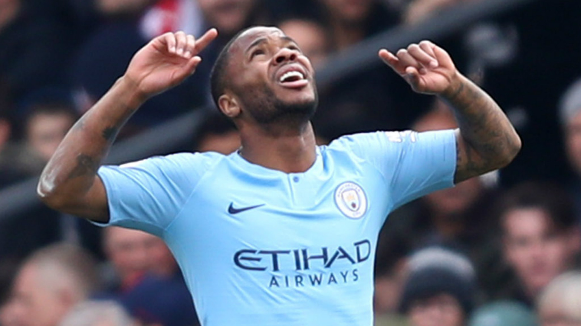  Raheem Sterling of Manchester City celebrates scoring a goal during the 2018-19 season.