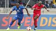 Aubrey Modiba of Supersport United challenged by Musa Nyatama of Orlando Pirates, February 2019