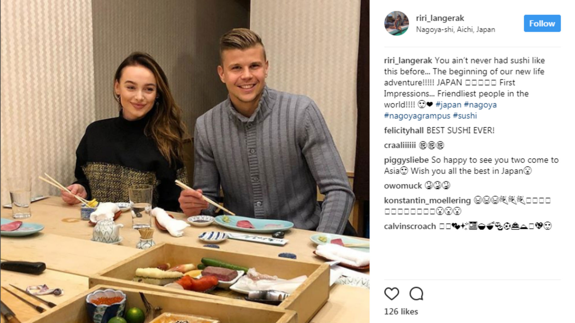 名古屋に新加入gkランゲラックの妻が 美人すぎる と話題に 夫婦でお寿司を食べるショットを公開 Goal Com 名古屋に新加入gkランゲラックの妻が 美人すぎる と話題に 夫婦でお寿司を食べるショットを公開 Goal Com