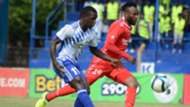 Peter Lwasa (L) of Sofapaka FC tackle Felly Mulumba of Bandari FC.
