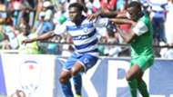 Gor Mahia defender Haroun Shakava v Gilbert Fiamenyo of AFC Leopards.