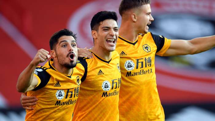 Wolves celebrate Raul Jimenez goal at Sheffield United, Premier League 2020-21 Wolves celebrate Raul Jimenez goal at Sheffield United, Premier League 2020-21