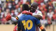 Mbwana Samatta of Tanzania and Denis Onyango, Uganda goalkeeper embrace after the 2019 Afcon Qualifiers match on 08 September 2018 at Mandela Stadium