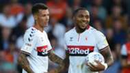 Britt Assombalonga of Middlesborough celebrates with teammate Marvin Johnson 2019