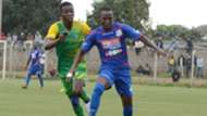 Joseph Mbugi of Posta Rangers v Kariobangi Sharks star Eric Juma.