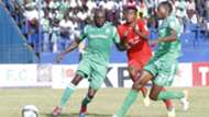 Joash Onyango of Gor Mahia and Charles Momanyi plus Yema Mwana of Bandari FC.