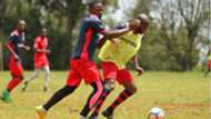 AFC Leopards players Aziz Okaka and Whyvonne Isuza.