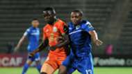 Thuso Phala of Supersport United challenges Dave Daka of Zesco United