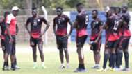 Harambee Stars coach Stanley Okumbi with the players.