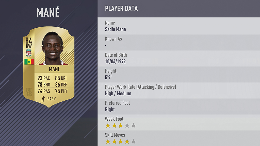 FIFA 18 rating Sadio Mane