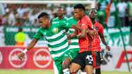 Harris Tchilimbou of Bloemfontein Celtic and Vincent Pule of Orlando Pirates, January 2020