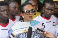 Sports Cabinet Secretary Amb. Amina Mohamed addresses the press after her visit to the Harambee Starlets.