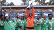 Gor Mahia keeper David Mapigano with KPL Super Cup trophy.