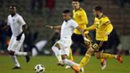 Omar Othman and Salem Aldawsari of Saudi Arabia, Thomas Meunier and Eden Hazard of Belgium friendly match on March 27, 2018 at the Koning Boudewijnstadion Stadium in Brussels, Belgium