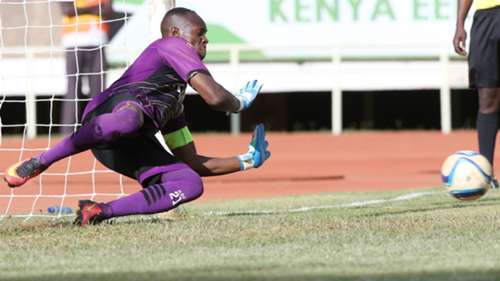 Ulinzi Stars keeper James Saruni saves penalty.