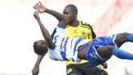 Dennis Shikhayi of AFC is suspended in air after concosion