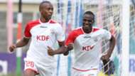 Daniel Waweru of Ulinzi Stars celebrate scoring with Enosh Ochieng.
