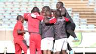 Ulinzi Stars players mob keeper James Saruni.