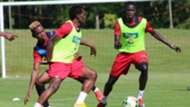 Harambee Stars defenders Aboud Omar and David Owino.