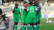 Jacques Tuyisenge and Francis Kahata and Gor Mahia players v Hussein Dey.