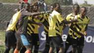 Chemelil Sugar players celebrate after scoring the winning goal against Sony Sugar. Chemelil won 2-1.