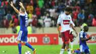 Jeremy Brockie and Aubrey Modiba of SuperSport United v Issa Sarr of Orlando Pirates