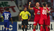 Kwon Kyung-Won (21) of UAE's Al-Ahli celebrates at the end of the AFC Champions League semi final football match against Saudi's Al-Hilal