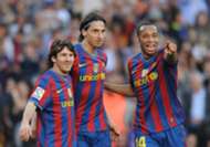 Lionel Messi, Zlatan Ibrahimovic and Thierry Henry of FC Barcelona