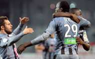 Kenya striker and captain Dennis Oliech celebrates scoring for AC Ajjacio