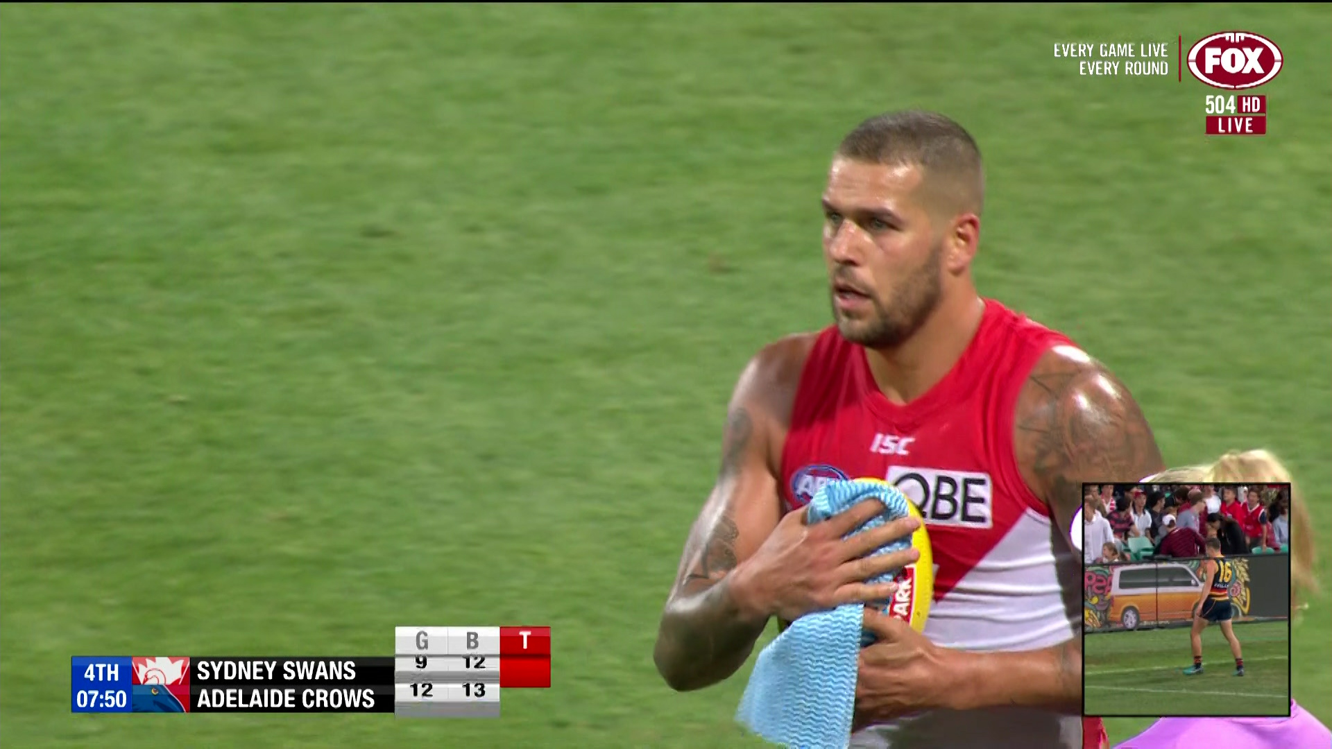 Lance Buddy Franklin Wipes The Ball With A Chux Cloth Against Adelaide Crows Sporting News Australia