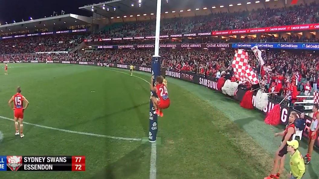 Watch Sydney Defender Dane Rampe Illegally Climbs Goalpost In Narrow Victory Over Essendon Sporting News Australia