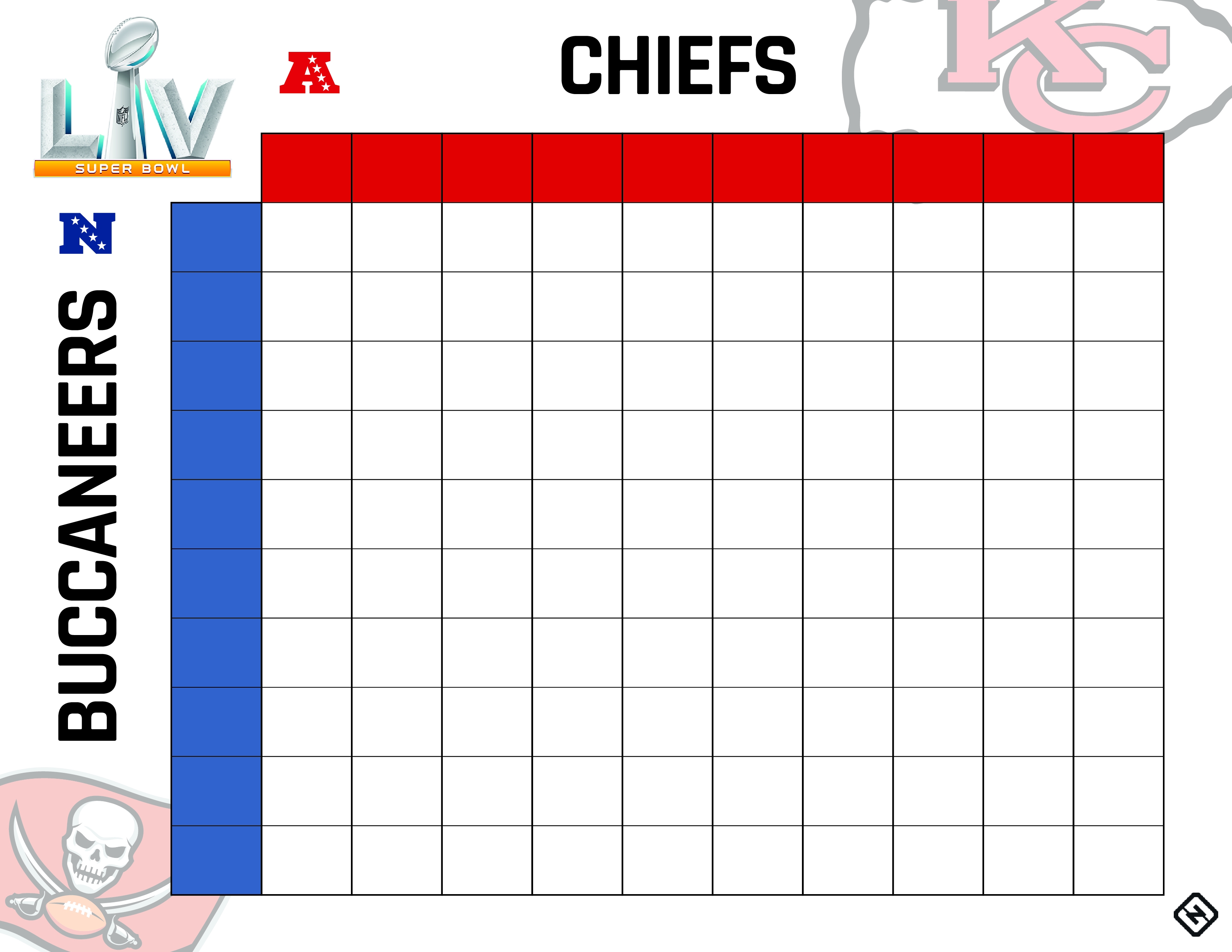 Printable Super Bowl squares grid for Chiefs vs. Buccaneers in 2021
