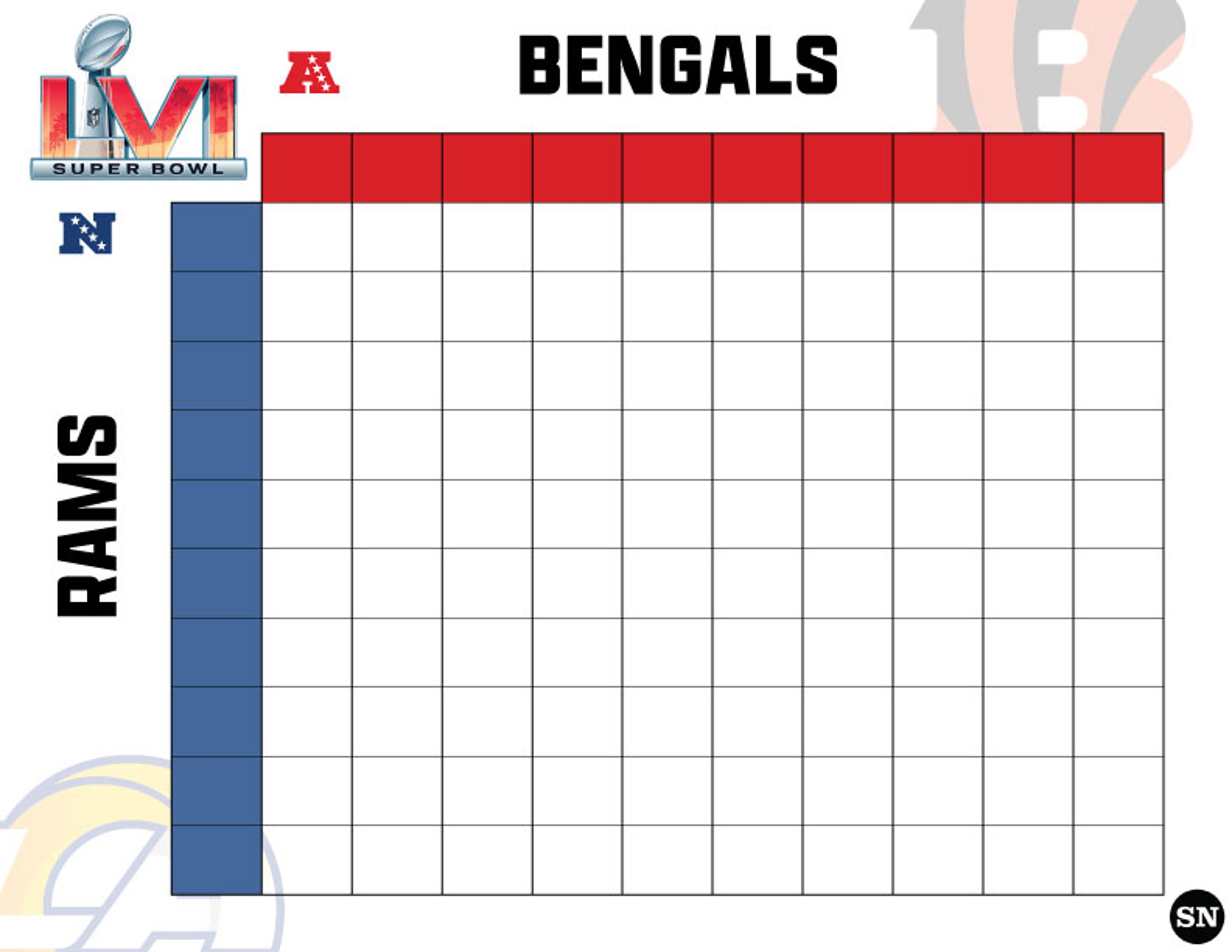 Printable Super Bowl Squares Grid For Rams Vs Bengals In 2022 